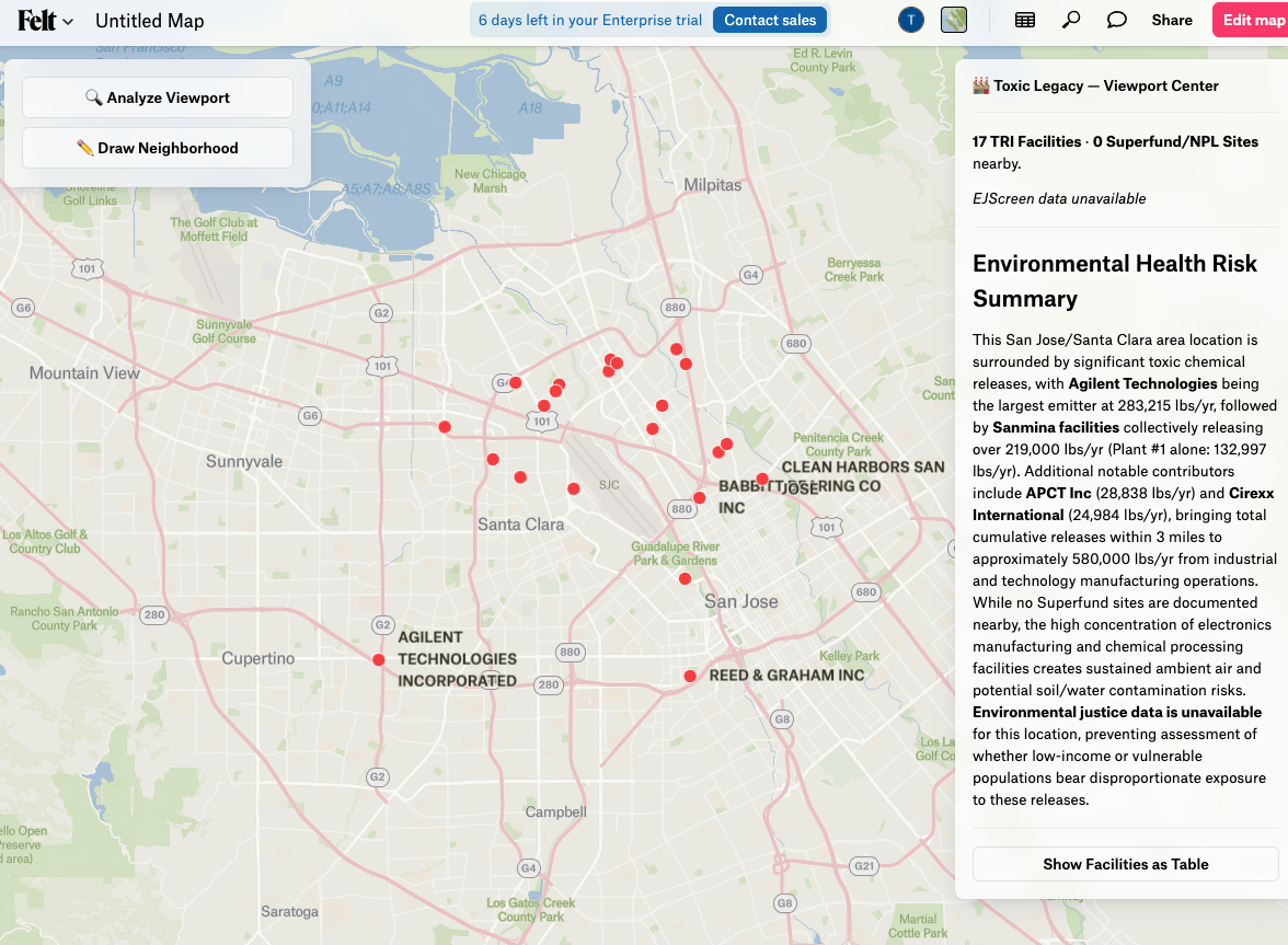 Toxic Legacy extension — TRI markers and Claude risk narrative panel in Felt